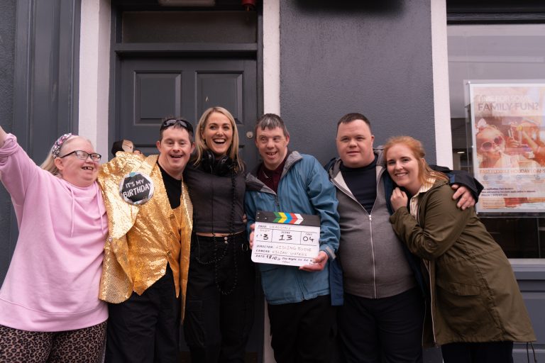 L-R Jackie O'Hagan, Daniel Ryan, Aisling Byrne, Bryan Busteed, Mark Smith & Lauren Larkin on set of multi award winning short film Headspace 2022