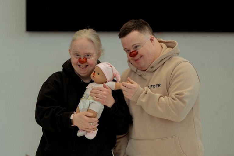 L-R Jackie O'Hagan & Wesley Fairbrother rehearsing Linda, George & Gillian for DTF 2024